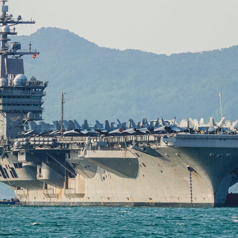 The United States aircraft carrier, USS Carl Vinson, anchored off the coast at Tien Sa Port on March 5, 2018 in Danang, Vietnam. 