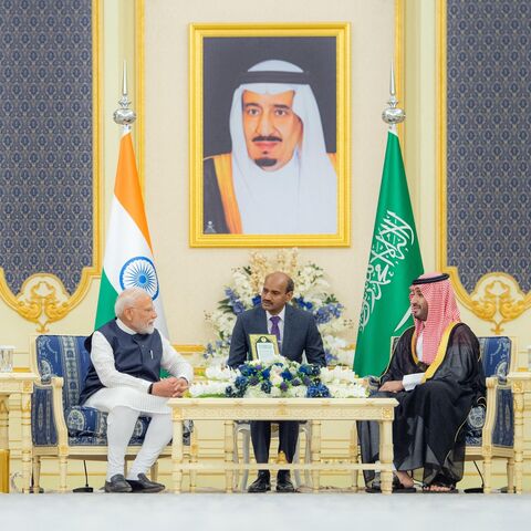 Saudi Crown Prince Mohammed bin Salman (R) meets Indian Prime Minister Narendra Modi at Al Salam Royal Palace, Jeddah, April 22, 2025.