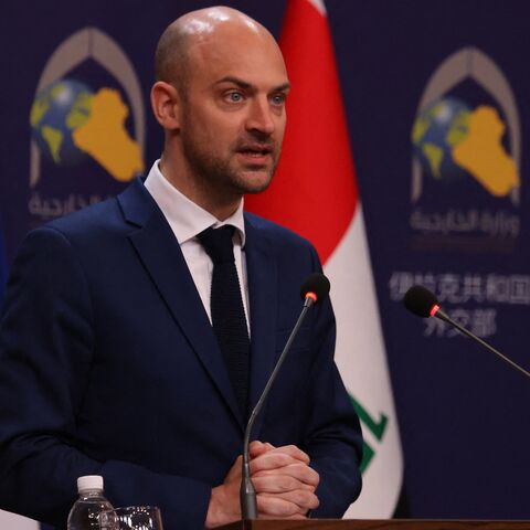 French Foreign Minister Jean-Noel Barrot attends a press conference in Baghdad, April 23, 2025.