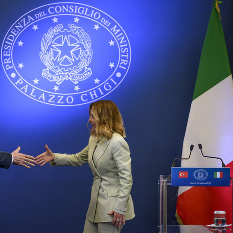 ROME, ITALY - APRIL 29: Turkish President Recep Tayyip Erdogan and talian Prime Minister Giorgia Meloni shake hands during the press conference following their meeting at Villa Doria Pamphilj, on April 29, 2025 in Rome, Italy. (Photo by Antonio Masiello/Getty Images)