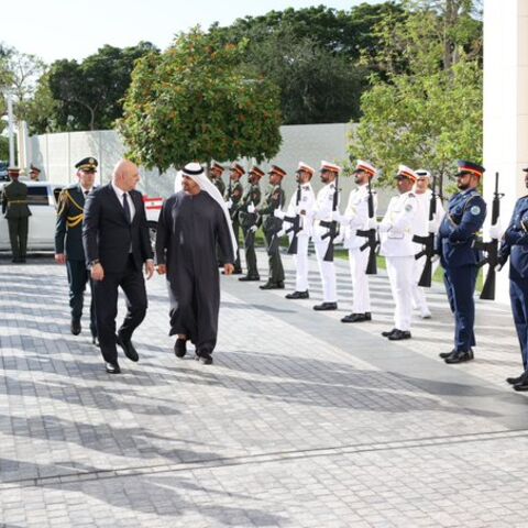 Lebanon’s president, Joseph Aoun, with United Arab Emirates President Sheikh Mohammed bin Zayed Al-Nahyan in Abu Dhabi, April 20, 2025.