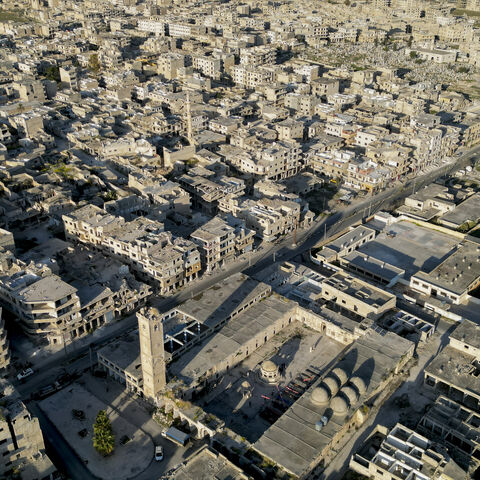 Aerial view of the amount of destruction left in the Maarat al-Numan neighborhood after the end of the Syrian civil war in Idlib, Syria, on March 13, 2025. Located between the three major cities of Aleppo, Hama, and Damascus, the city of Idlib is a historically and strategically important city that went through years of destruction in the course of the Syrian civil war. (Photo by Omar Albaw / Middle East Images / Middle East Images via AFP) (Photo by OMAR ALBAW/Middle East Images/AFP via Getty Images)