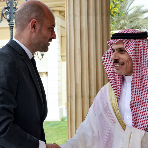 Saudi Arabia's Foreign Minister Prince Faisal bin Farhan al-Saud (R) receives his French counterpart Jean-Noel Barrot, prior to their meeting in Riyadh on April 25, 2025.