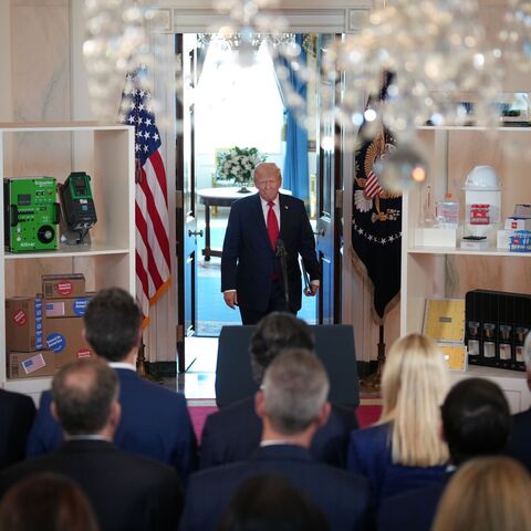 U.S. President Donald Trump arrives in the Cross Hall of the White House to deliver remarks during an event on "Investing in America" on April 30, 2025 in Washington, DC