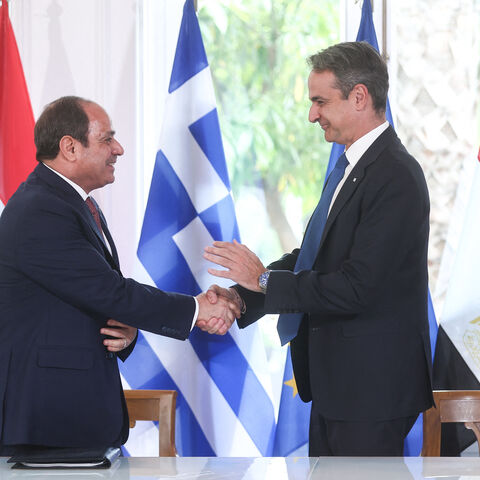 Greece's prime minister Kyriakos Mitsotakis and the President of Egypt Abdel Fattah El-Sisi during the 1st High Cooperation Council between Greece and Egypt at the Maximos Mansion in Athens, Greece on May 7, 2025. (Photo by Dimitris Kapantais / SOOC / SOOC via AFP) (Photo by DIMITRIS KAPANTAIS/SOOC/AFP via Getty Images)