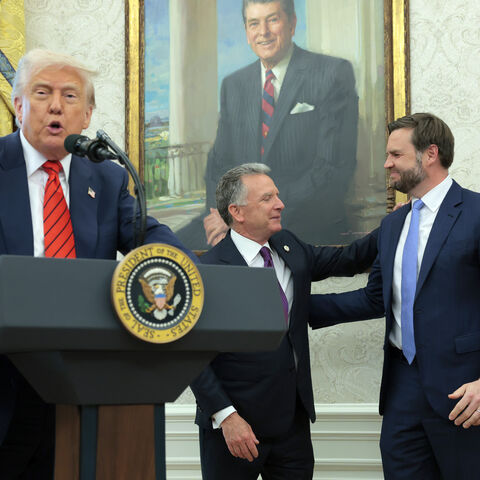 U.S. President Donald Trump delivers remarks as Vice President JD Vance (R) and Special Envoy to the Middle East Steve Witkoff (C) embrace, during the swearing-in ceremony in the Oval Office at the White House on May 06, 2025 in Washington, DC. Witkoff provided an update on the Houthi conflict in the Middle East. (Photo by Anna Moneymaker/Getty Images)