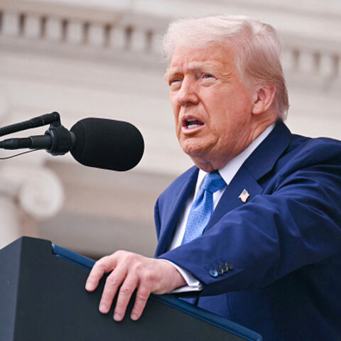 US President Donald Trump delivers remarks at the Memorial Amphitheatre in Arlington National Cemetery in Arlington, Virginia, on May 26, 2025. (SAUL LOEB/AFP via Getty Images)