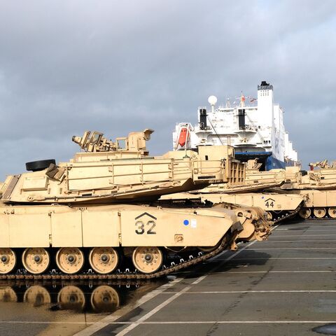 A picture taken on Feb. 21, 2020 shows M1 Abrams Fighting tanks of the 2nd Brigade Combat Team, 3rd Infantry Division, as US military equipment arrives to the Port of Bremerhaven the United States for the Defender 2020 international military exercises.