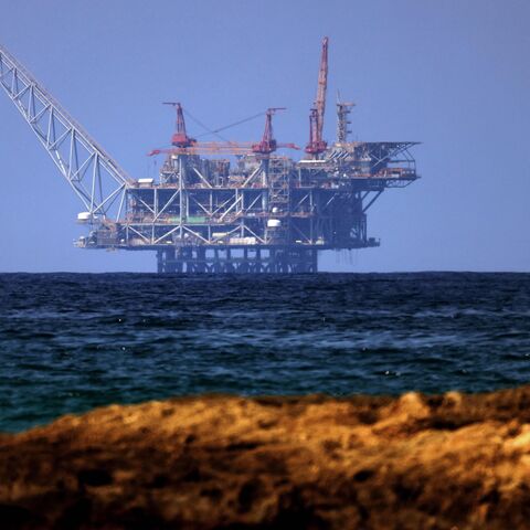 A view of the platform of the Leviathan natural gas field in the Mediterranean Sea is pictured from the Israeli northern coastal beach of Nasholim, on Aug. 29, 2022.
