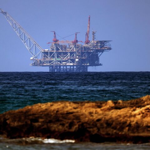 A view of the platform of the Leviathan natural gas field in the Mediterranean Sea is pictured from the Israeli northern coastal beach of Nasholim, on August 29, 2022.