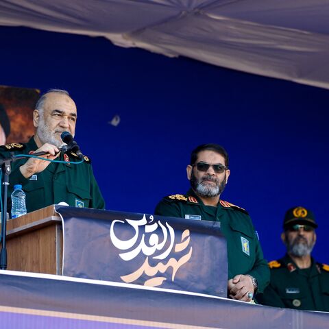 Hossein Salami, commander-in-chief of the Islamic Revolutionary Guard Corps, delivers a speech during a funeral ceremony after a terrorist attack, on Jan. 5, 2024, in Kerman, Iran.