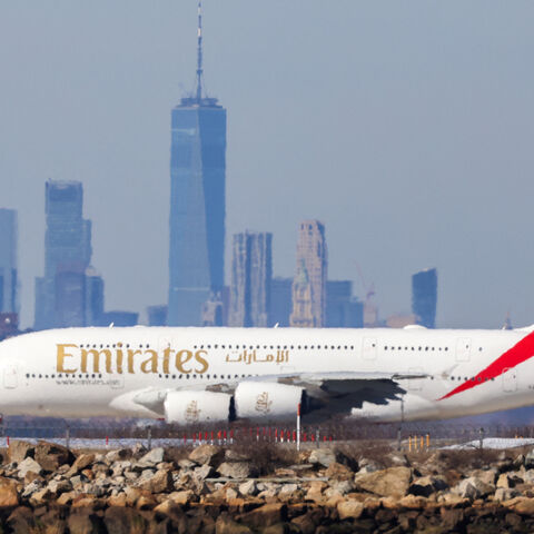 An Airbus A380 passenger aircraft of Emirates airlines to Dubai prepares to take off at JFK International Airport, New York, Feb. 7, 2024.