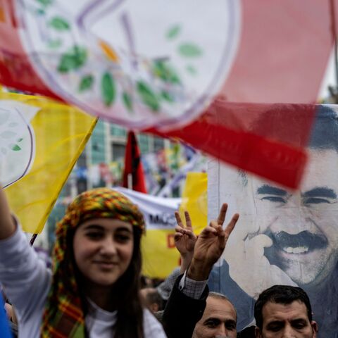 Supporters of the pro-Kurdish Peoples' DEM Party attend a rally for the Turkish Municipal elections to be held on March 31, in Esenyurt Square in Istanbul, on Feb. 25, 2024.