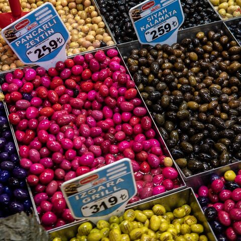 Price tags of olives are seen at a store on March 3, 2025, in Istanbul, Turkey