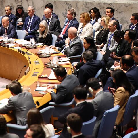Members of the United Nations Security Council listen as Jean-Noel Barrot, minister for Europe and Foreign Affairs of France, speaks during a meeting on the conflict in the Middle East on April 29, 2025.