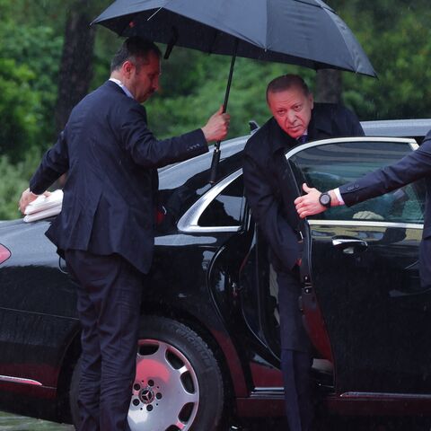 Turkish President Recep Tayyip Erdogan arrives at the 6th European Political Community summit on May 16, 2025, at Skanderbeg Square in Tirana, Albania.