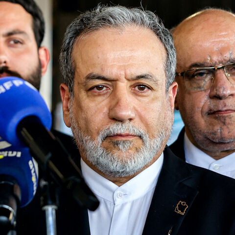 Iran's Foreign Minister Abbas Araghchi (C) gives a statement during his visit to the mausoleum of slain Lebanese Hezbollah's Leader Hassan Nasrallah, who was killed in an Israeli air strike in September 2024, in Beirut's southern suburbs on June 3, 2025.