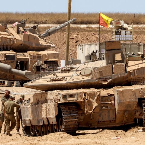 Israeli tanks are positioned along the border with the Gaza Strip, on June 5, 2025, amid the ongoing war between Israel and Hamas.