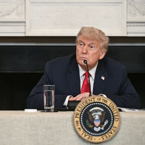 US President Donald Trump, alongside US Speaker of the House Mike Johnson, participates in an "Invest America" roundtable discussion in the State Dining Room of the White House in Washington on June 9, 2025.