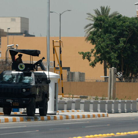 Armored vehicles of the Iraqi Counter Terrorism Forces are deployed outside the US embassy building in Baghdad's Green Zone on June 12, 2025. (AFP via Getty Images)