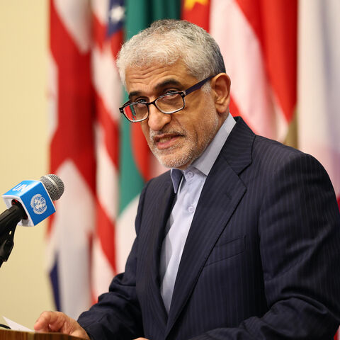 Ambassador Amir Saeid Iravani, Permanent Representative of Iran to the UN, speaks during a press conference at the United Nations headquarters on June 16, 2025 in New York City. 