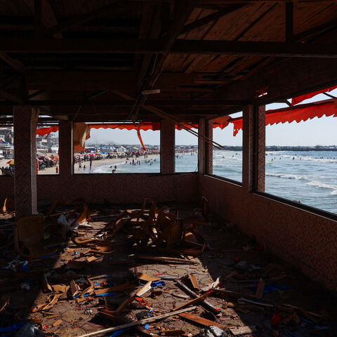 Debris is scattered across the floor at Al-Baqa cafeteria which was devastated in an Israeli strike on the Gaza City seafront on June 30, 2025.