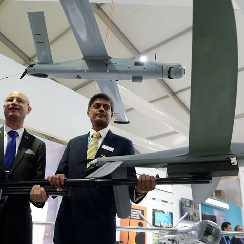 Exhibitors display Israel's Blue Bird aero-systems UAV at the DefExpo 2018, a large defence exhibition showcasing military equipment, on the outskirts of Chennai on April 11, 2018.
