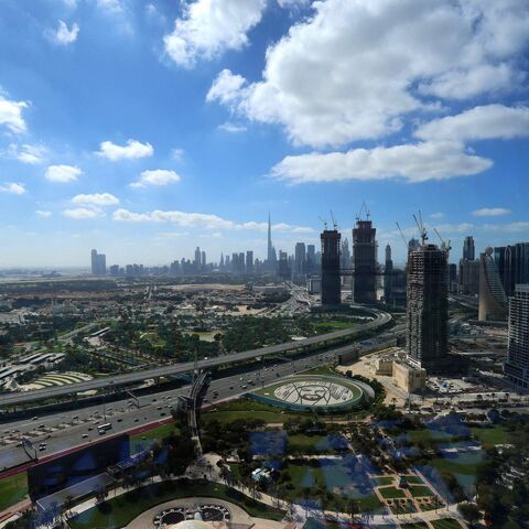 This picture taken on on Feb. 1, 2021 shows a view of the downtown Dubai skyline, with Burj Khalifa, as seen from the Dubai Frame vantage point.