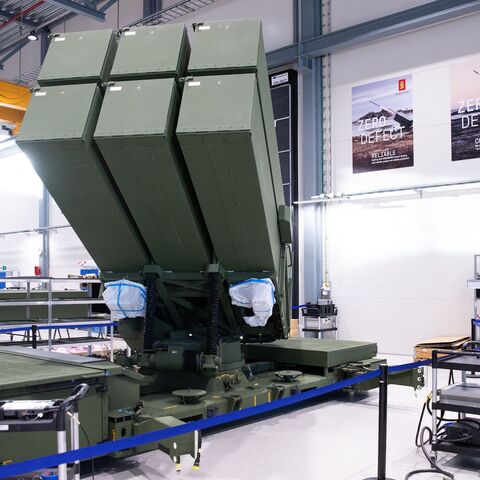 A NASAMS surface-to-air missile launcher is seen in production at the assembly line of the Kongsberg Defence & Aerospace weapons factory in Kongsberg, Norway on Jan. 30, 2023.