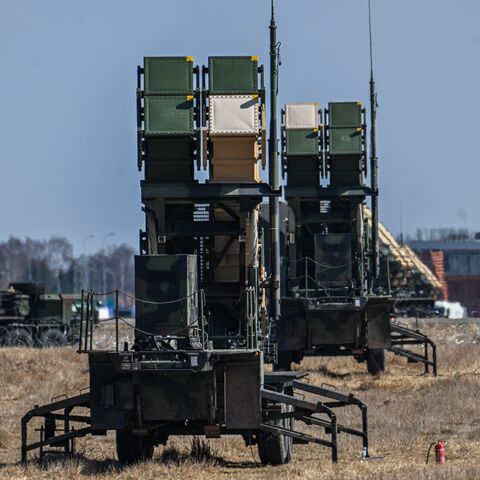 A US Army MIM-104 Patriot anti-missile defense launcher stands ahead of the arrival of former US President Joe Biden at Rzeszow Airport on March 25, 2022, in Rzeszow, Poland. 