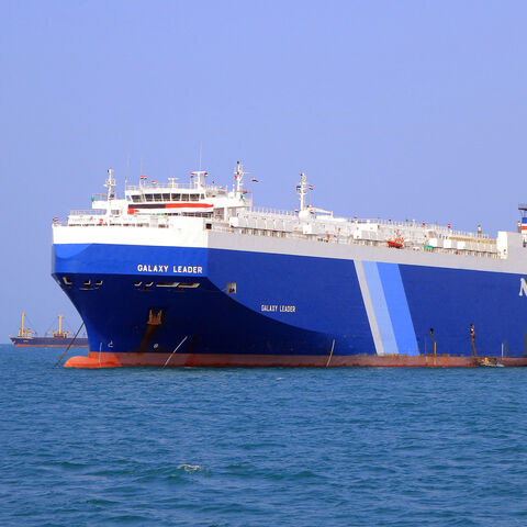 A picture taken during an organized tour by Yemen's Houthi rebels on Nov. 22, 2023, shows the Galaxy Leader cargo ship, seized by Houthi fighters two days earlier, approaching the port in the Red Sea off Yemen's province of Hodeida.