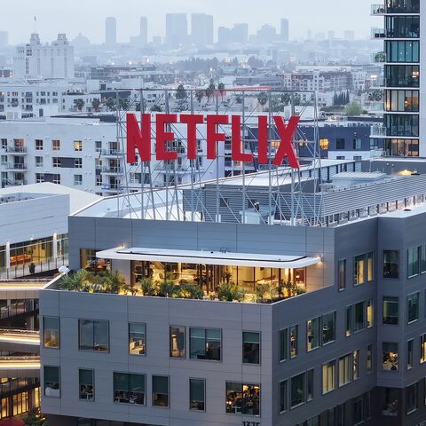 The Netflix logo is displayed above its corporate offices on Jan. 24, 2024, in Los Angeles, California. 