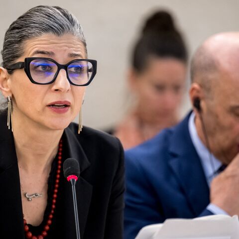 United Nations (UN) Special Rapporteur on the Rights Situation in the Palestinian Territories Francesca Albanese (L).