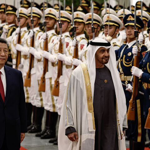 BEIJING, CHINA - MAY 30: Chinese President Xi Jinping and United Arab Emirates President Sheikh Mohammed bin Zayed Al Nahyan review the honour guard during a welcome ceremony at The Great Hall of People on May 30, 2024 in Beijing, China. (Photo by Tingshu Wang - Pool/Getty Images)