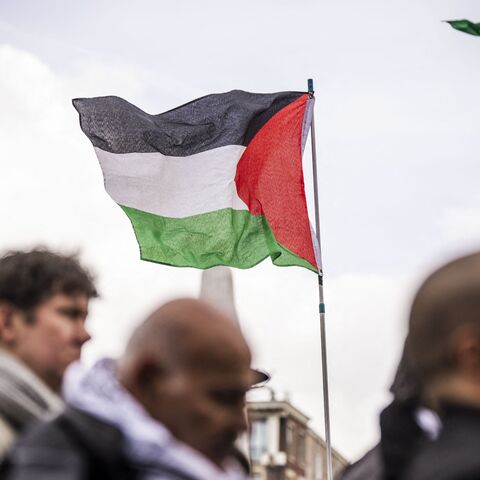 Protesters hold Palestinian flags during a demonstration organized by several peace organizations in support of Palestinians amid the Israel-Hamas war in the Gaza Strip, at Dam Square in Amsterdam, on Oct. 13, 2024.