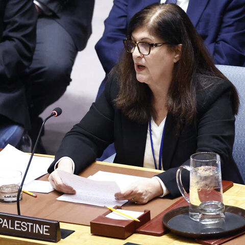 Palestinian Minister of State for Foreign Affairs Varsen Aghabekian speaks during a UN Security Council meeting on Gaza in light of ceasefire and hostage release at the United Nations Headquarters in New York City on Jan. 20, 2025.