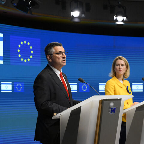 Israeli Foreign Minister Gideon Saar (L) addresses a press conference with European Commission Vice-President and High Representative for Foreign Affairs and Security Policy Kaja Kallas and EU Commissioner for Mediterranean Dubravka Suica and after a meeting at the EU headquarters on the sidelines of the EU's foreign affairs council, in Brussels on February 24, 2025. (Photo by JOHN THYS / AFP) (Photo by JOHN THYS/AFP via Getty Images)