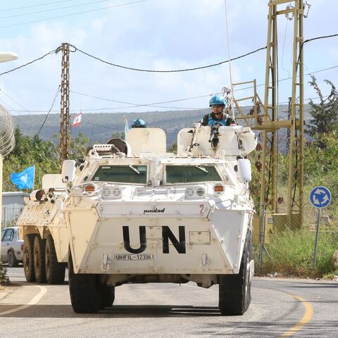 Members of the United Nations peacekeeping force in Lebanon (UNIFIL) patrol the road near the border with Israel in the southern Lebanese coastal town of Naqura on March 19, 2025.