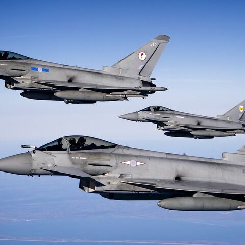 urofighter jet fighters from the United Kingdom fly over the North Sea.