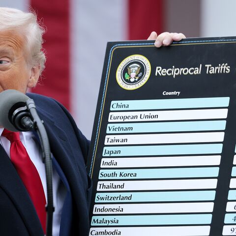 US President Donald Trump holds up a chart while speaking during a “Make America Wealthy Again” trade announcement event in the Rose Garden at the White House on April 2, 2025, in Washington.