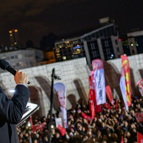 Leader of Turkey's main opposition Republican People's Party (CHP) Ozgur Ozel addresses the audience during a rally in Istanbul on April 9, 2025.