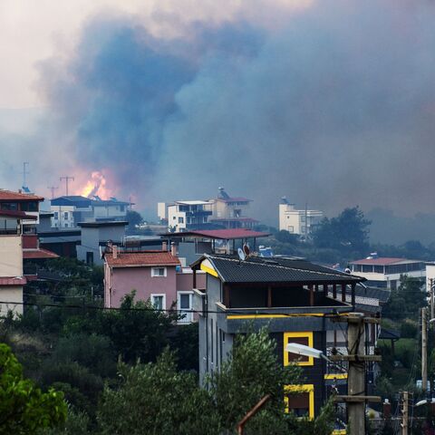 Smoke and flames rise from a forested area following a wildfire in the Seferihisar district of Izmir, Turkey, June 30, 2025. 