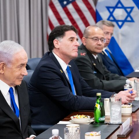 Israeli Prime Minister Benjamin Netanyahu and Israeli Minister of Strategic Affairs Ron Dermer attend a meeting with US Secretary of Defense Pete Hegseth at the Pentagon in Washington, on July 9, 2025.