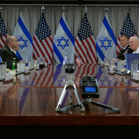 US Secretary of Defense Pete Hegseth and Israeli Prime Minister Benjamin Netanyahu sit down for a meeting at the Pentagon on July 09, 2025, in Arlington, Virginia.