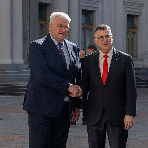 Ukraine's Foreign Minister Andriy Sybiga (L) shakes hands with Israel's Foreign Minister Gideon Sa'ar in Kyiv on July 23, 2025, amid the Russian invasion of Ukraine. (Photo by Tetiana DZHAFAROVA / AFP) (Photo by TETIANA DZHAFAROVA/AFP via Getty Images)