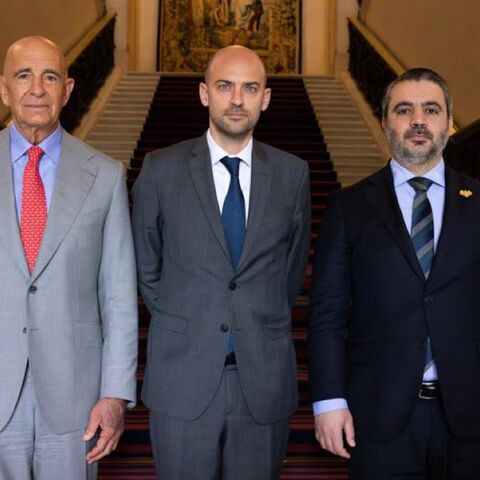 US Syria envoy Tom Barrack, French Foreign Minister Jean-Noel Barrot and Syrian Foreign Minister Asaad al-Shibani meet in Paris on July 25, 2025.