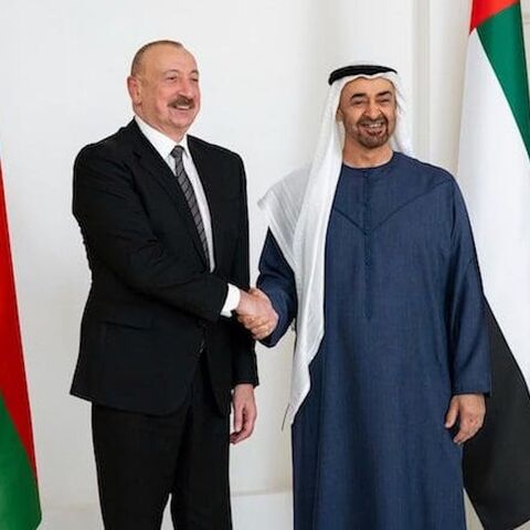 UAE President Sheikh Mohamed bin Zayed al-Nahyan with Azerbaijan's President Ilham Aliyev at Shati Palace in Abu Dhabi.