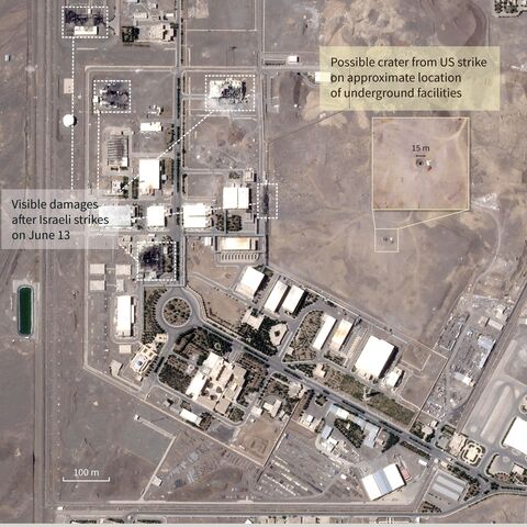 Infographic with satellite image from Planet Labs PBC from June 22, 2025, showing visible damages from US strike on the Natanz uranium enrichment plant in Iran.