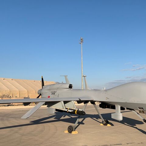 A picture taken on Jan. 13, 2020, shows US Army drones at the Ain al-Asad air base in the western Iraqi province of Anbar.