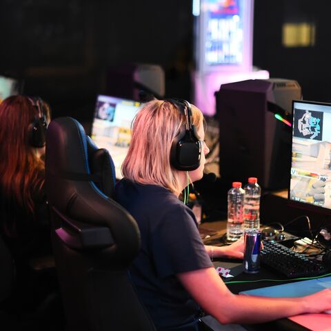 Players in action during day one of the Girl Gamer Esports Festival at Meydan Racecourse on Feb. 21, 2020, in Dubai, United Arab Emirates.